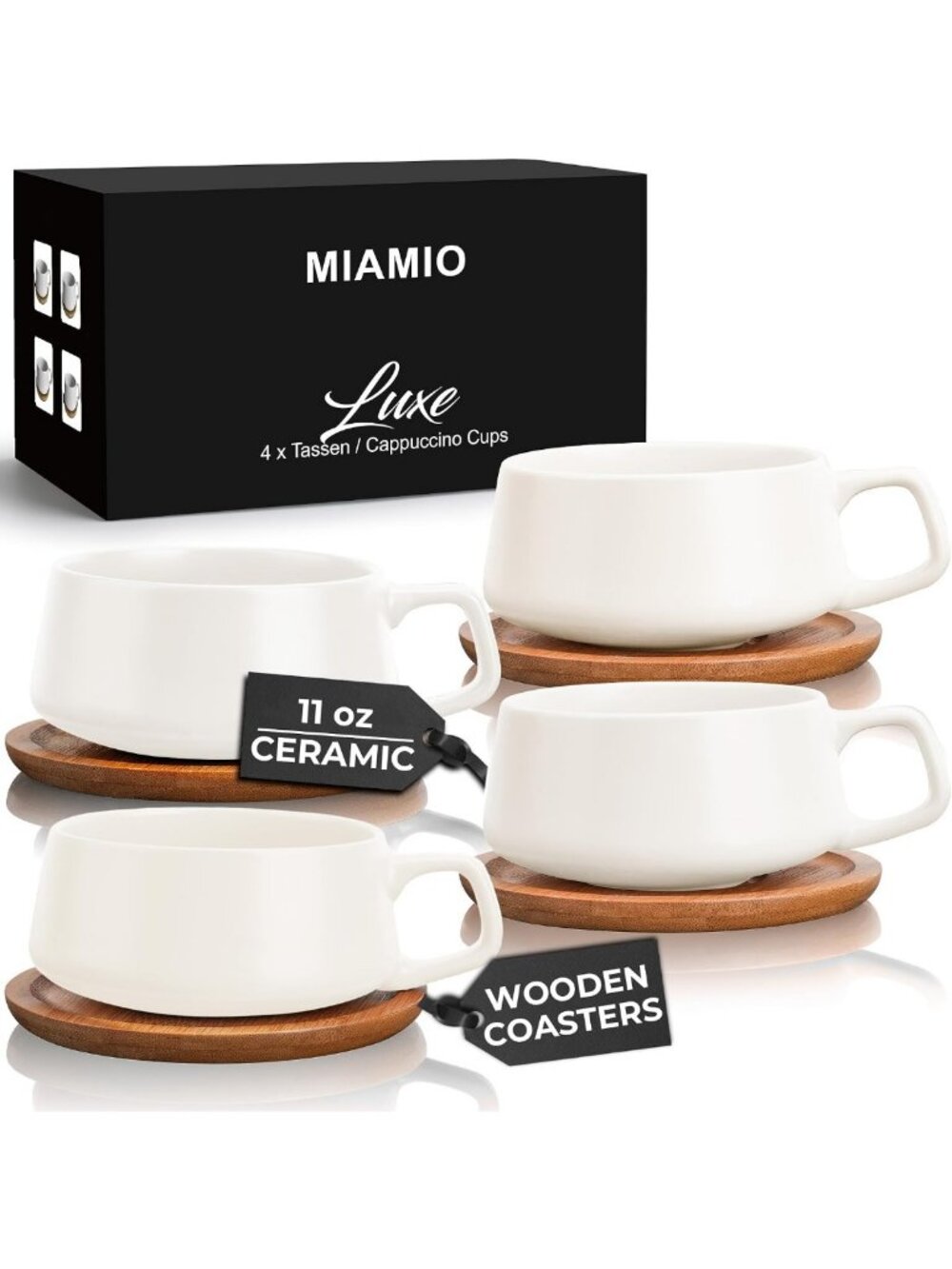 MIAMIO - Cappuccino Cup Set of 4, Ceramic (9.5oz) - Luxe (Cream White)